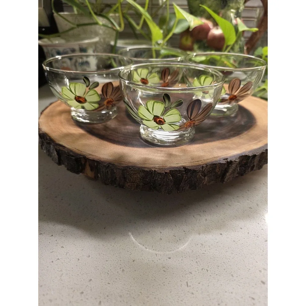 4 VTG BLUE‎ RIDGE POTTERY DAISY SHERBET BOWLS SUN BOUQUET GLASS Green Floral